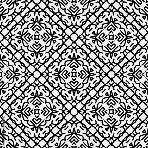 Raster geometric ornament. Black and white seamless pattern with star shapes, squares, diamonds, grid, floral silhouettes. Simple monochrome ornamental background. Repeat design for decor, print © t2k4