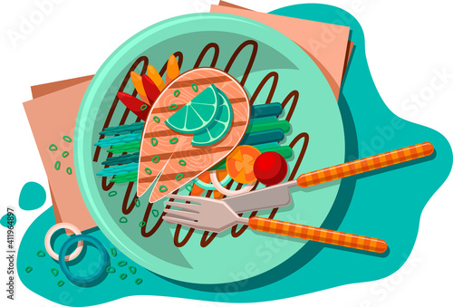 Plate with Grilled Salmon Served with Lime and Onion and Cutlery