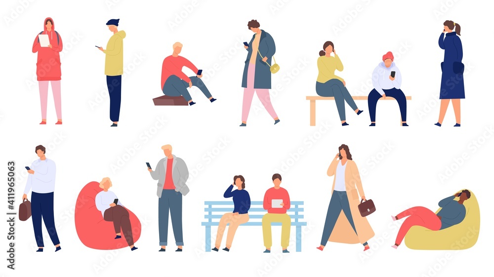 People with phones. Young men and women with smartphone standing and sitting. Mobile society group use device for chat and text, vector set. Girl and boy sitting on bench with gadget People with phones. Young men and women with smartphone standing and sitting. Mobile society group use device for chat and text, vector set. Girl and boy sitting on bench with gadget
