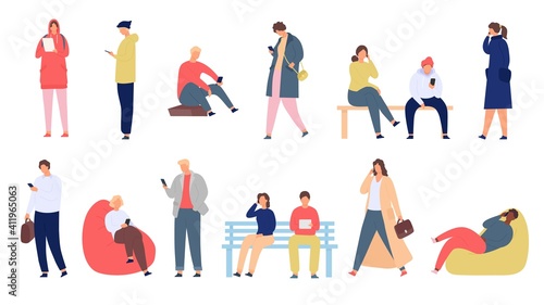 People with phones. Young men and women with smartphone standing and sitting. Mobile society group use device for chat and text, vector set. Girl and boy sitting on bench with gadget
