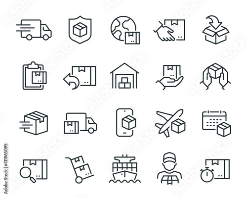 Delivery icons set. Collection of simple linear web icons such as Shipping By Sea Air, Delivery Date, Courier, Warehouse, Return Search Parcel, Fast Shipping and others Editable vector stroke.