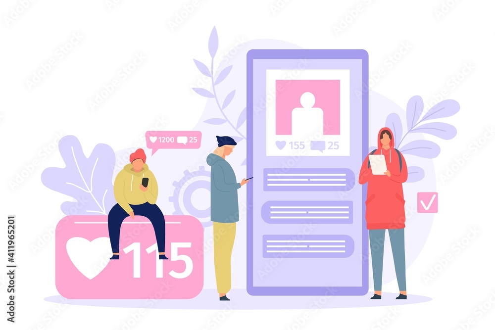 Social media people. Young men and women using smartphone. Phone screen with photo, likes and comments. Gadget addiction flat vector concept. Characters checking network profile in device