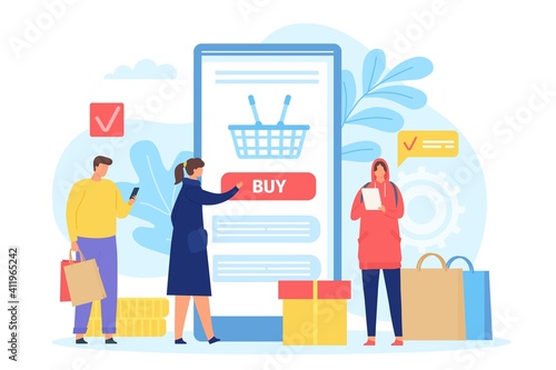 People buying in online shop. Smartphone screen with shopping basket. Poster with men and women with bags. Mobile store app vector concept. Characters ordering with cellphone in application