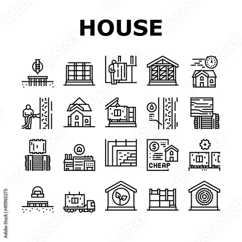 Timber Frame House Collection Icons Set Vector. Pile Screw Foundation And Ecowool Insulation, Wooden And Steel Building Frame Black Contour Illustrations