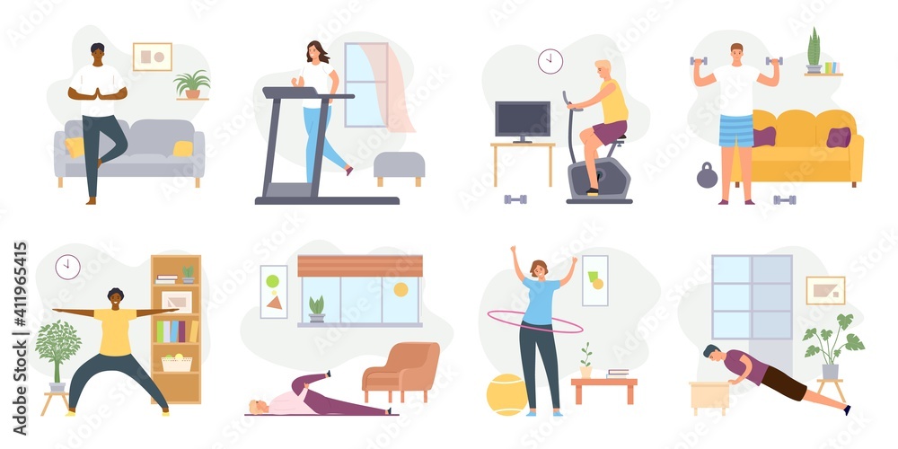 Home exercises. People meditate, do yoga, sport and fitness indoor. Active men and women workout on exercise bike and treadmill vector set. Doing stretching and exercising with dumbbells Home exercises. People meditate, do yoga, sport and fitness indoor. Active men and women workout on exercise bike and treadmill vector set. Doing stretching and exercising with dumbbells