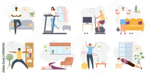 Home exercises. People meditate, do yoga, sport and fitness indoor. Active men and women workout on exercise bike and treadmill vector set. Doing stretching and exercising with dumbbells