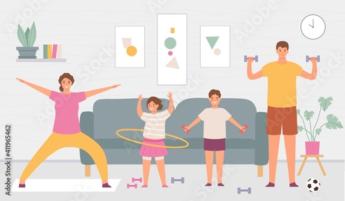 Sport family at home. Parents and kids do exercise in house interior. Indoor healthy lifestyle for active adults and children vector concept. Father and with dumbbells, daughter with hula hoop