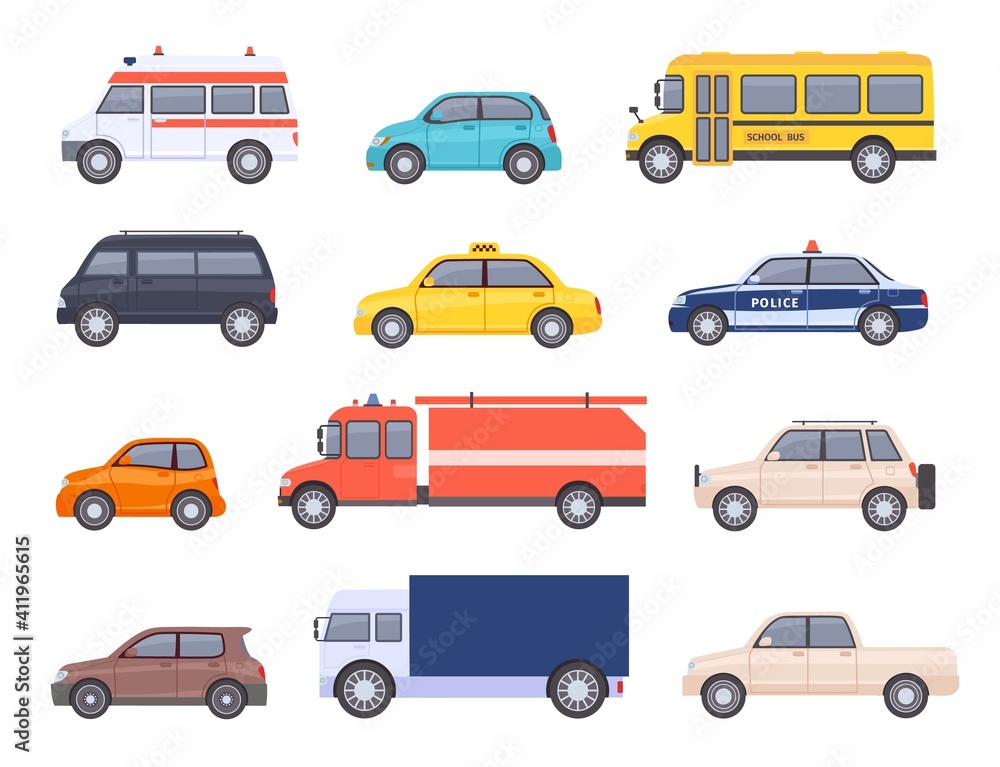 City transport cars. Urban car and vehicles, taxi, school bus, ambulance, fire engine, police and pickup truck. Flat automobile vector set. Isolated public cars for first aid transportation