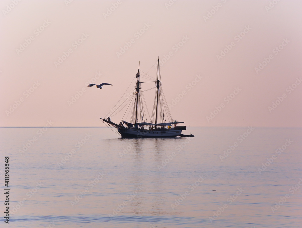 Silhouette of a beautiful sailing ship at anchor with lowered sails and a soaring seagull over the absolutely calm waters of the Ligurian Sea,