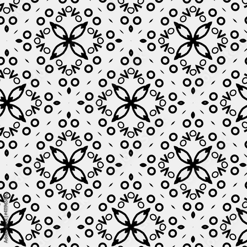 Raster geometric ornament. Black and white seamless pattern with star shapes, squares, diamonds, grid, floral silhouettes. Simple monochrome ornamental background. Repeat design for decor, print