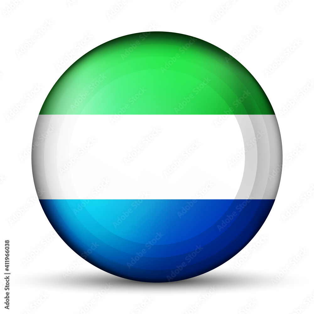 Glass light ball with flag of Sierra Leone. Round sphere, template icon. National symbol. Glossy realistic ball, 3D abstract vector illustration highlighted on a white background. Big bubble. Glass light ball with flag of Sierra Leone. Round sphere, template icon. National symbol. Glossy realistic ball, 3D abstract vector illustration highlighted on a white background. Big bubble.