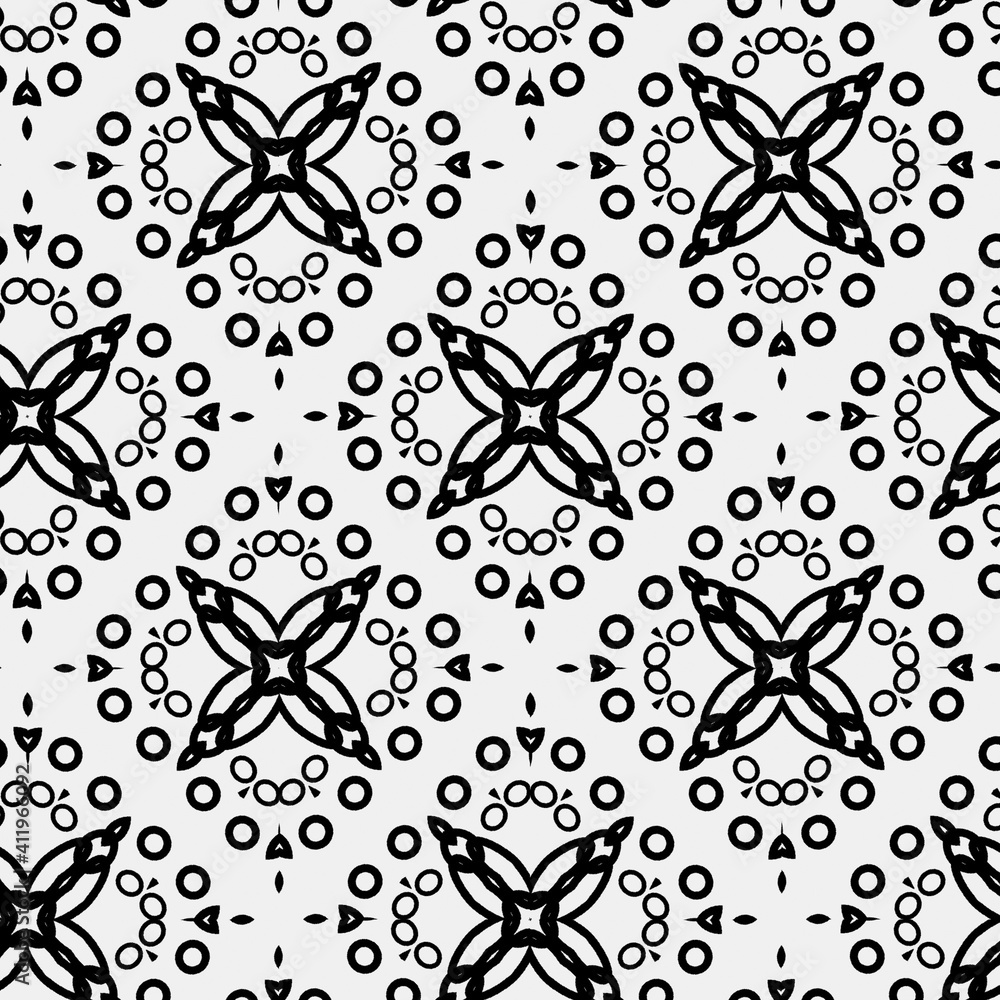 Raster geometric ornament. Black and white seamless pattern with star shapes, squares, diamonds, grid, floral silhouettes. Simple monochrome ornamental background. Repeat design for decor, print