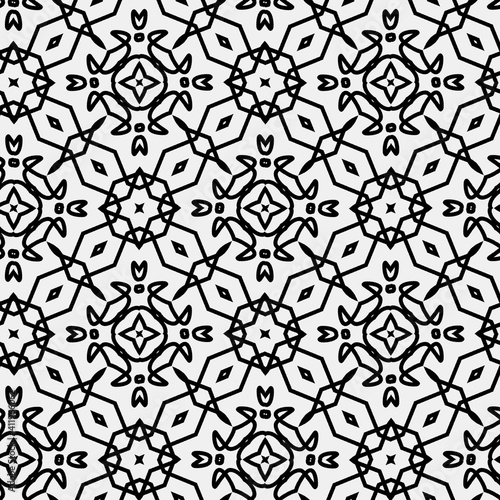 Raster geometric ornament. Black and white seamless pattern with star shapes, squares, diamonds, grid, floral silhouettes. Simple monochrome ornamental background. Repeat design for decor, print