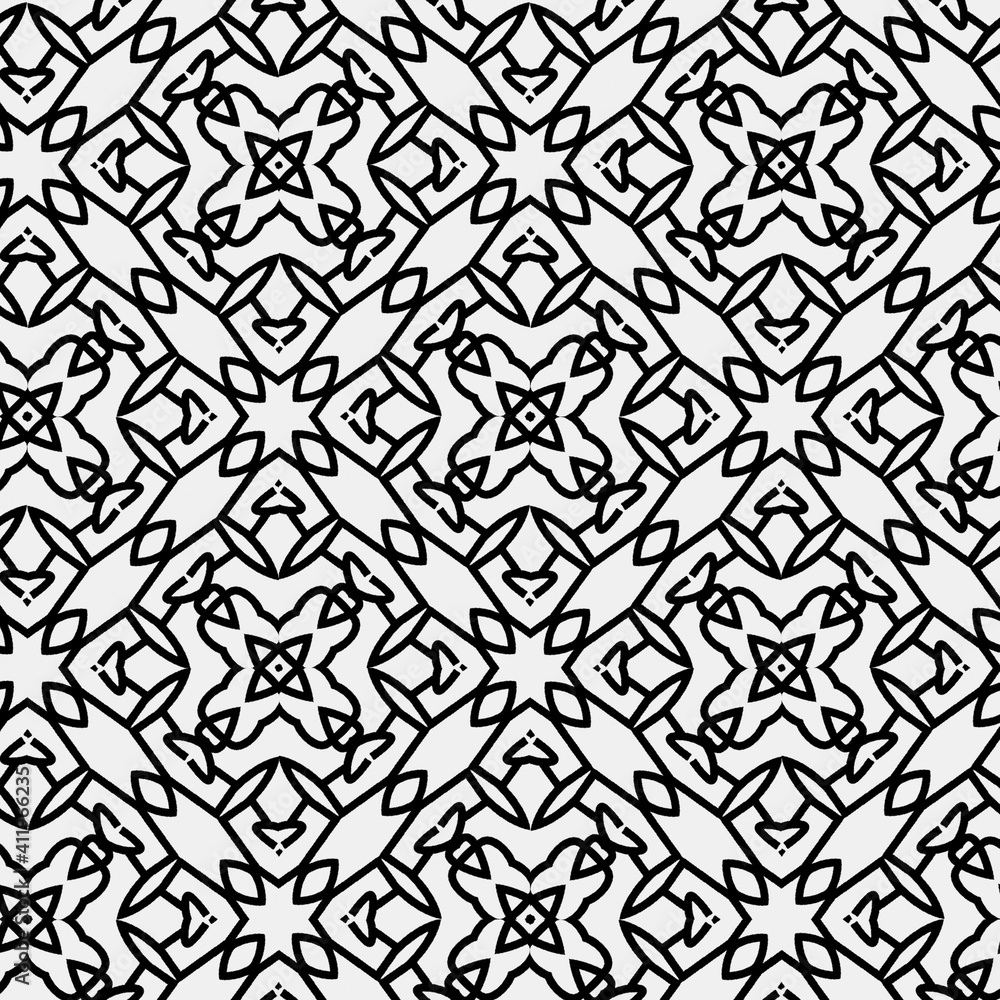 Raster geometric ornament. Black and white seamless pattern with star shapes, squares, diamonds, grid, floral silhouettes. Simple monochrome ornamental background. Repeat design for decor, print Raster geometric ornament. Black and white seamless pattern with star shapes, squares, diamonds, grid, floral silhouettes. Simple monochrome ornamental background. Repeat design for decor, print