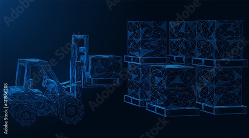 A forklift truck transports and stacks cargo. Polygonal construction of thin connected lines. Blue background.