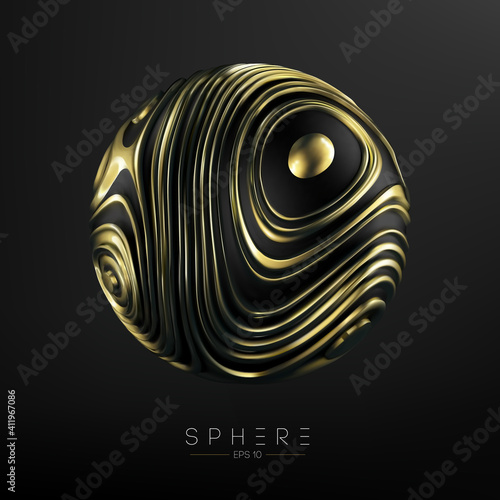 3d sphere gold on black background for web design. Modern abstract liquid noise fluid form background. Vector mesh bronze gold. Modern 3d graphic concept.