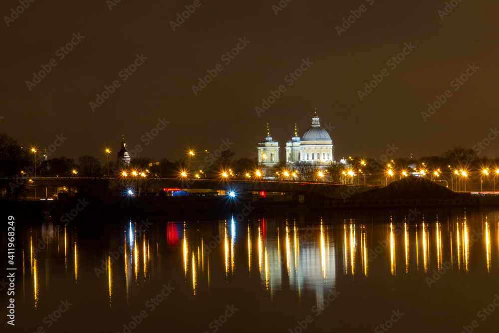 temple by the Neva river at night