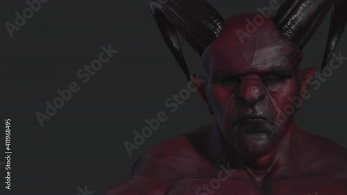 Red demon, devil, imp, monster with twisted horns and muscle hillocks. Close-up. Face expression. Part 5 from 6. Alpha channel only in 4k .mov version