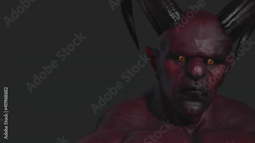 Red demon, devil, imp, monster with twisted horns and muscle hillocks. Close-up. Face expression. Part 6 from 6. Alpha channel only in 4k .mov version