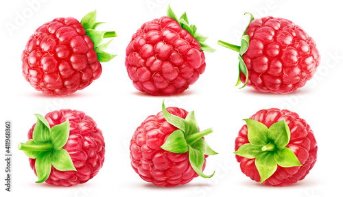Set of six ripe raspberries with sepals isolated on white background.