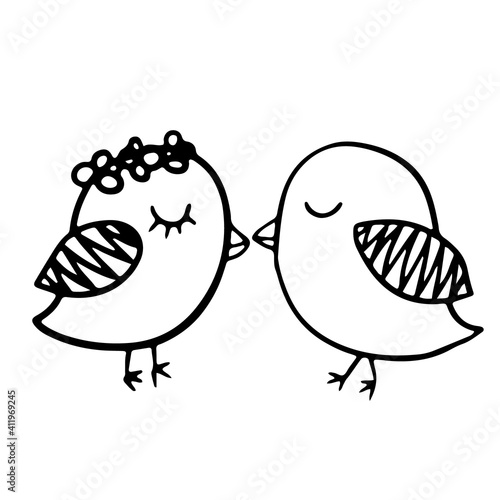 Simple cute kissing birds in doodle style. Vector