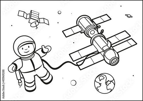 Malvorlage Astronaut mit Raumstation Weltraumspaziergang