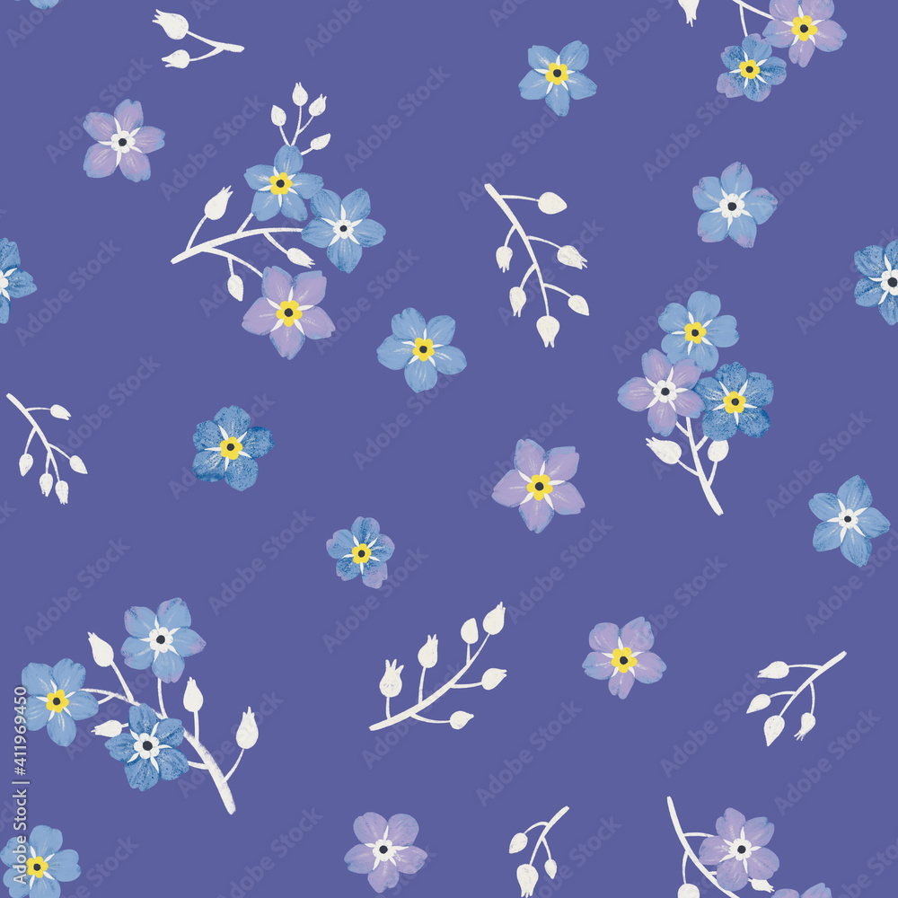 Seamless pattern with forget-me-not flowers in trendy colors. Beautiful for textile
