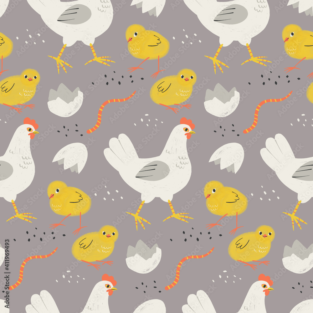 Pattern with cute chicken family. Good for textile.