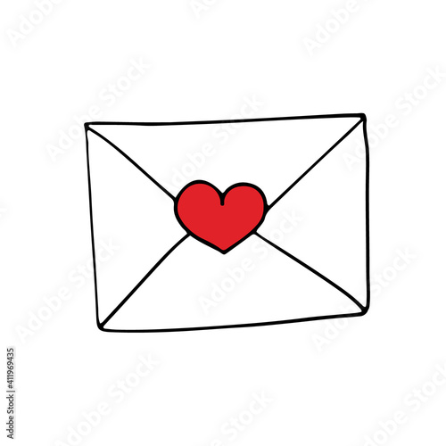 Simple envelope with red heart in doodle style. Outline. Vector isolated