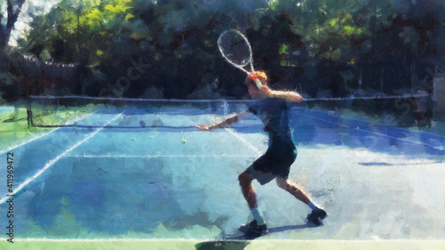 A man plays tennis on the court. Artistic work on the topic of sports and recreation © Black Morion