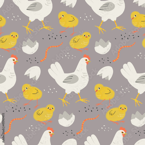 Pattern with cute chicken family. Good for textile. © solnca_lych