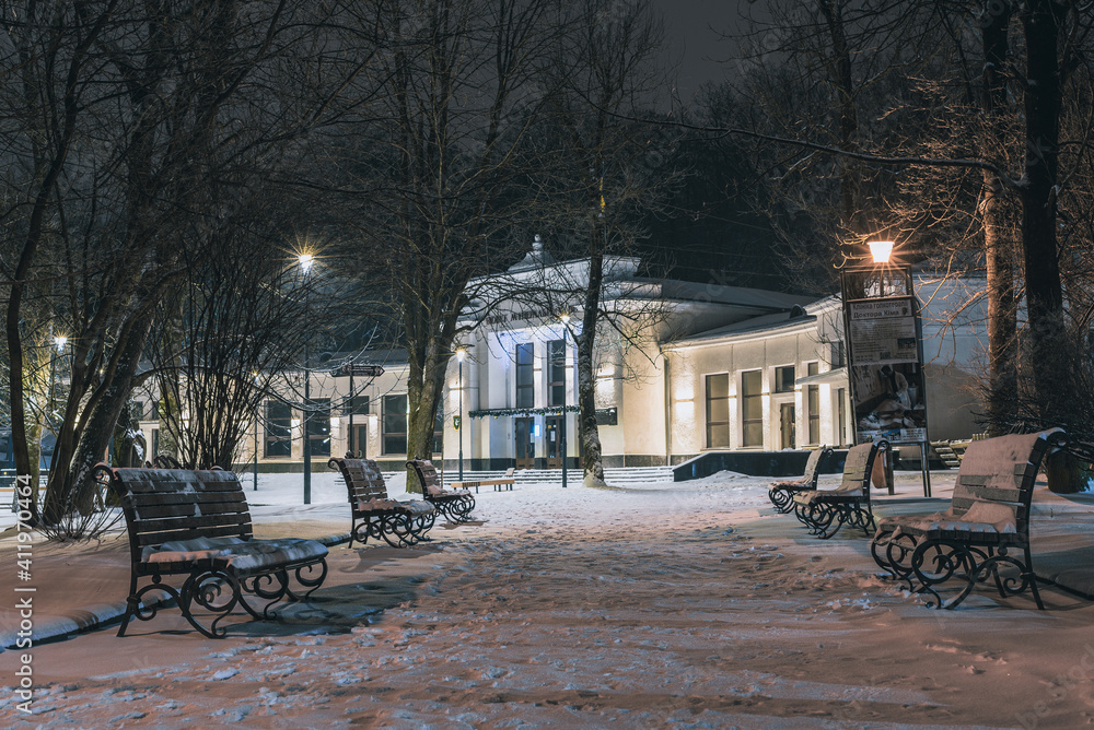 TRUSKAVETS, UKRAINE - JANUARY, 2021: Mineral water pump room in Truskavets, buvette, The Spring №1. Night city, winter time.