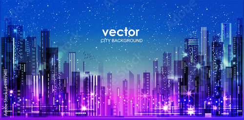 Urban cityscape at night. Skyline city silhouettes. City background with architecture, skyscrapers, megapolis, buildings, downtown.