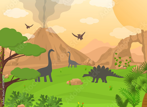 Cartoon Color Dinosaurs and Landscape Scene Concept. Vector