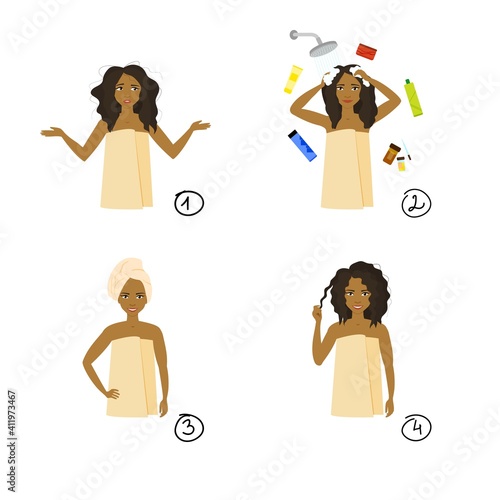 Hair care stages. A beautiful dark-skinned girl in a towel is washing and styling her hair. Vector concept in cartoon style.