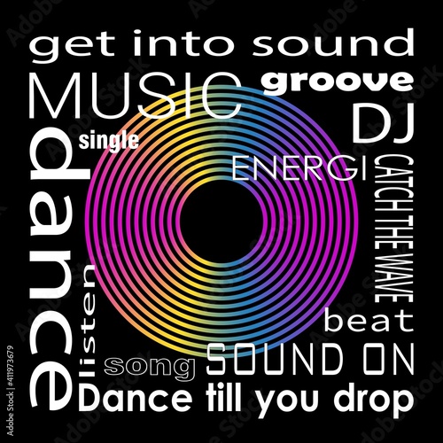 Music poster with vinyl record. DJ disc cover. Vector.