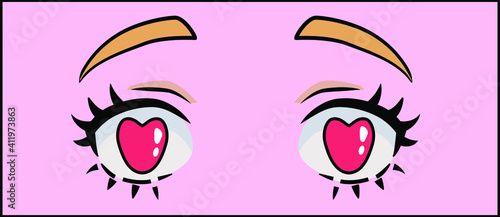 Manga eyes of cartoon female character in love. Vector design for t-shirt graphics, fashion prints, tees, stickers, posters.