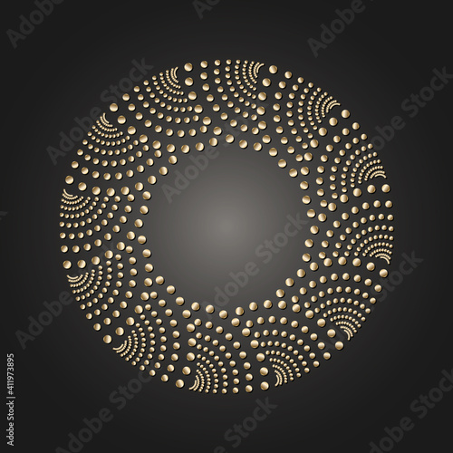 Golden frame with lace ornament in circle on black background. Art deco. Luxury gold round mandala, hand draw design. Ethnic motif. Abstract vector illustration. Template design for invitation