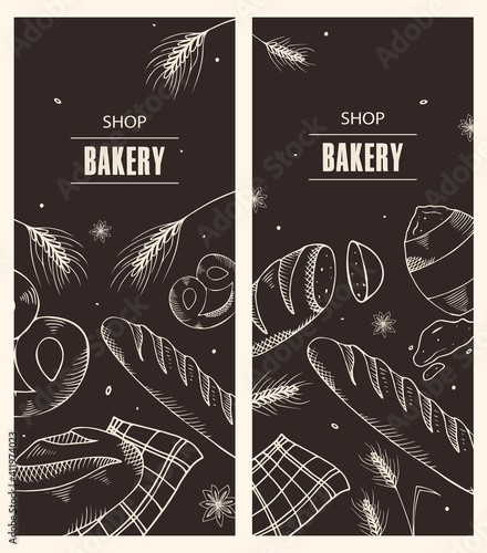 Set of flyers for a bakery shop. Vector illustration in engraving style.