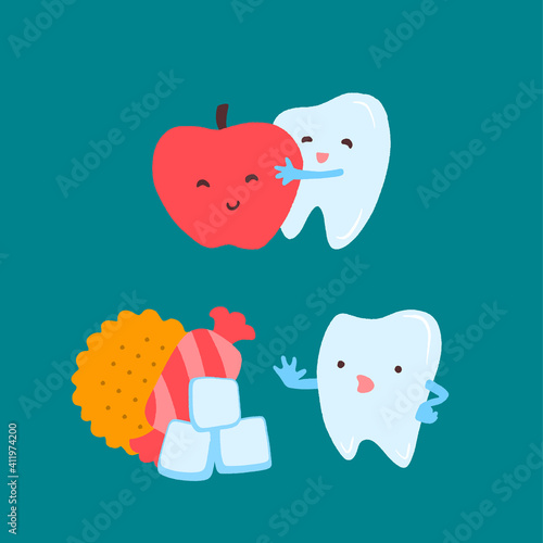 Cartoon tooth character choosing an apple and ignoring candy and sugar.