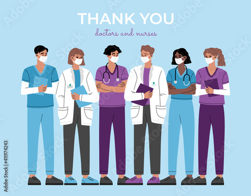 Thank you doctors, nurses and medical personnel, heroes group of healthcare frontline workers team. Professional therapist and hospital staff. Trendy modern illustration isolated on blue background