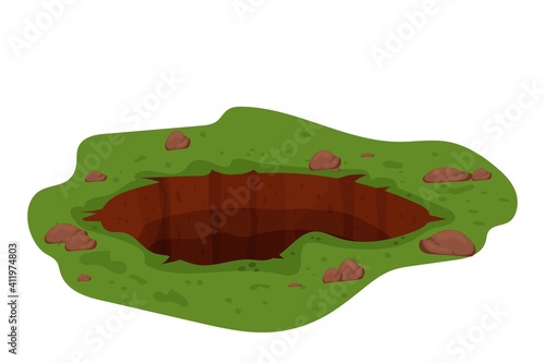 Ground hole, deep pit with grass and stones isolated on white background stock vector illustration. Dirty, dark entrance on lawn, detailed drawing in cartoon style. 