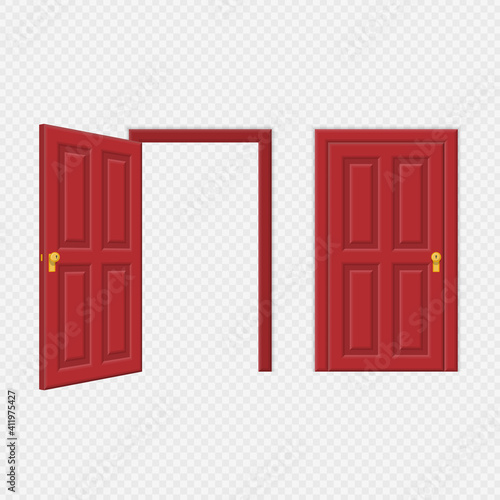 Open and closed brown wooden doors vector illustration. One door is closed and the other one is opening up to new opportunities. Realistic style.
