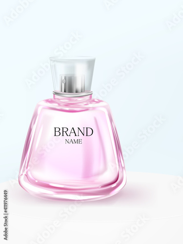 Pink bottle of perfume on the podium on a blue background. Mockup of a glass bottle with perfume for an advertising banner. Realistic illustration