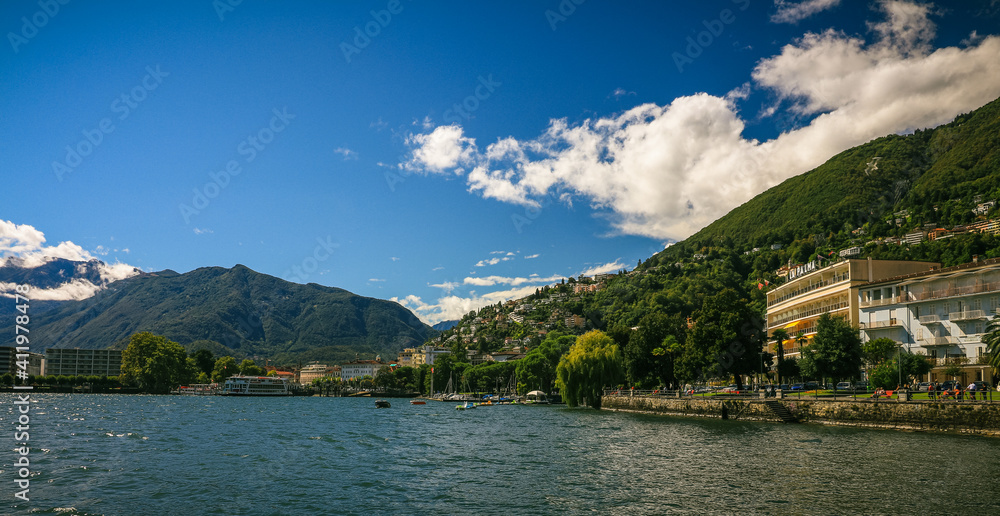 Harbor in Locarno with the Lago Maggiore lake, with boats