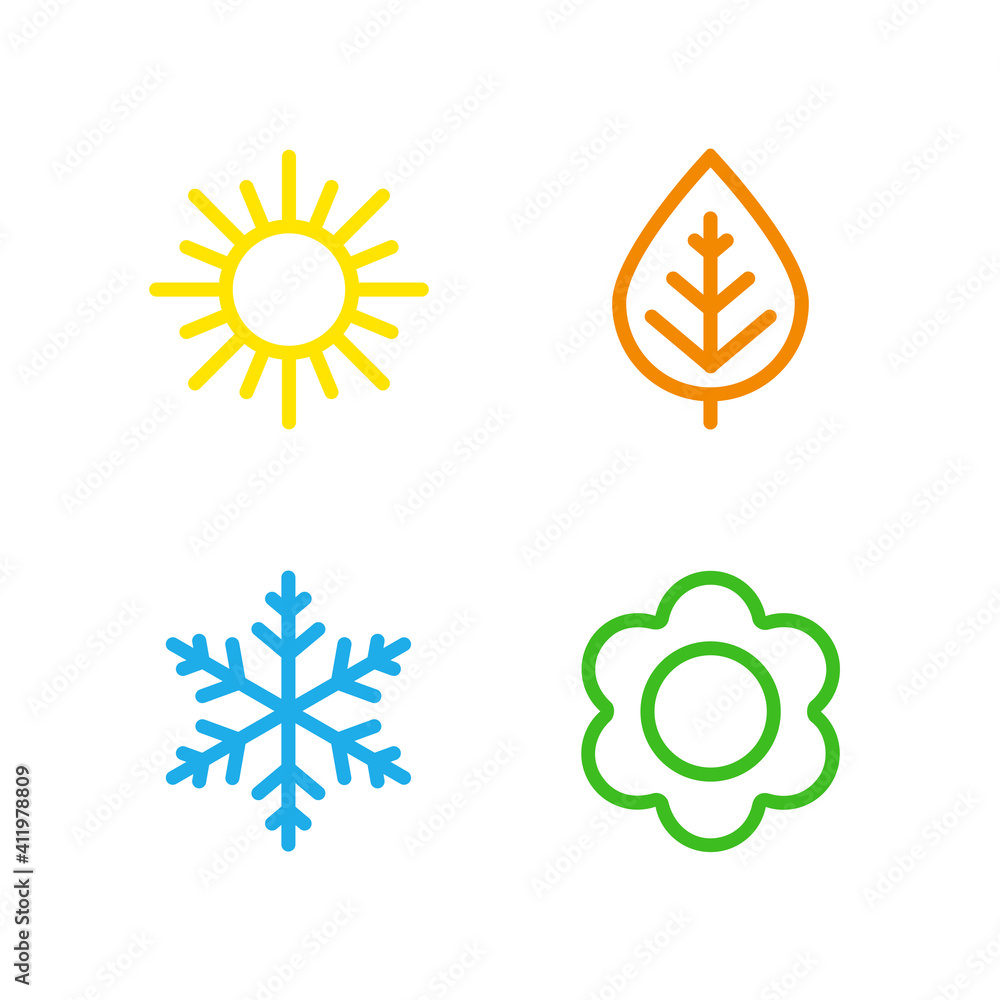 A set of colorful icons of seasons. The seasons - winter, spring, summer and autumn. Weather forecast sign. Season simple elements concept. A set of colorful icons of seasons. The seasons - winter, spring, summer and autumn. Weather forecast sign. Season simple elements concept.