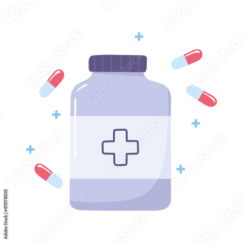 vaccine medical bottle medicine and capsules design vector