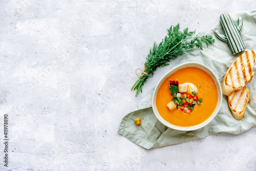 Bowl of tomato soup gaspacho photo