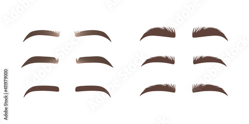 Set of Eyebrows shape. Eyebrow shapes. Various types of eyebrows. Eyebrow shaping for women. Classic type and different thickness of brows.