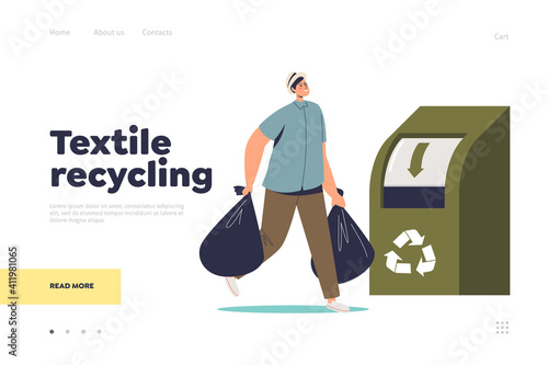 Textile recycling concept of landing page with man throwing bags of clothes in container